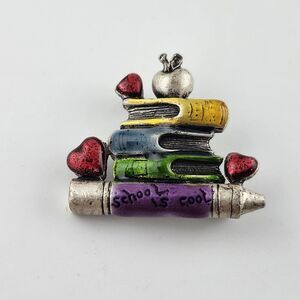 TC Signed "Tanya Creations" School Book Silver Tone Enameled brooch/Pin